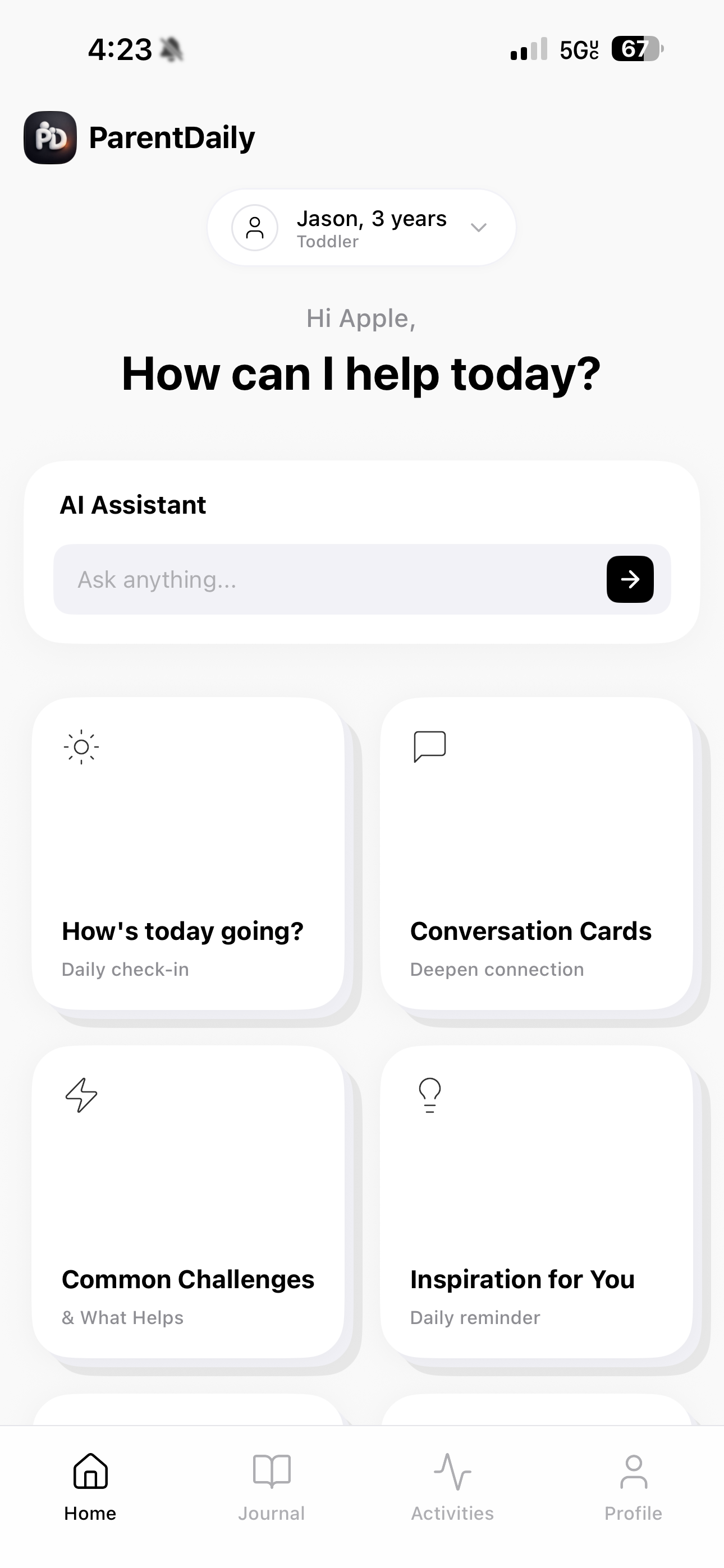 ParentDaily home screen — Personal Parenting Coach, conversations, rituals